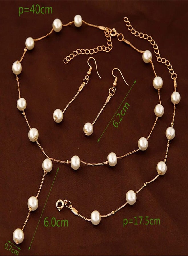 Uarein Pearl Jewelry Sets for Women Brides Wedding Faux Pearls Necklace Bracelet Earrings Set Simulated Pearls Set Adjustable Y-shaped Pearl Necklaces Dainty Bridesmaid Jewelry Gifts (Gold) - Image 3